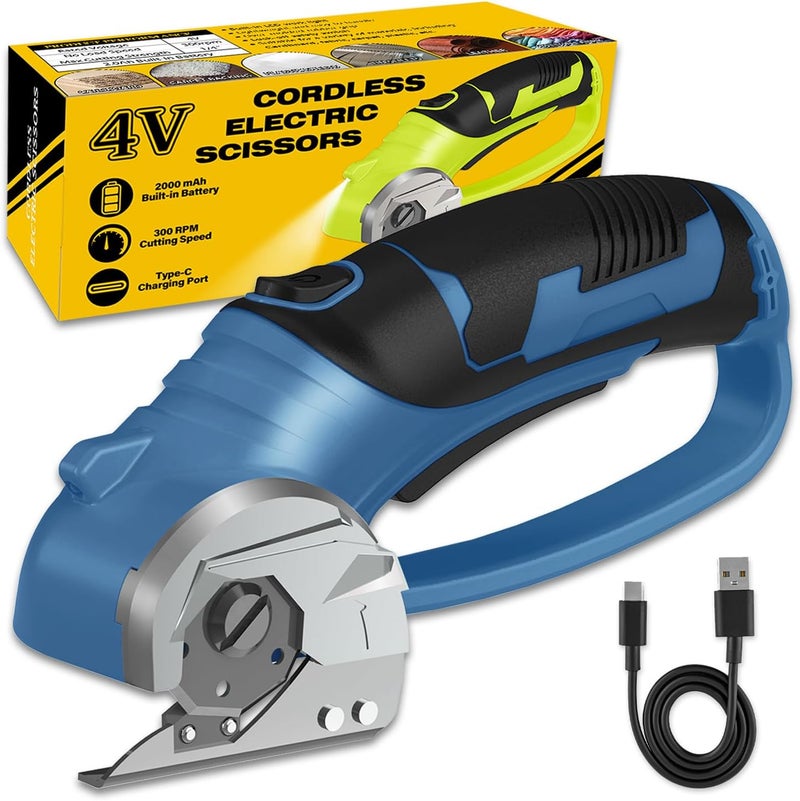 Pratuor Cordless Electric Scissors, 4V Box Cutter & Cardboard Cutter with Upgrade Blade, LED Light, Safety Lock - Rechargeable Rotary Cutter for Fabric, Leather, Plastic, Sewing, Industrial (Steel Blue) - Image 1